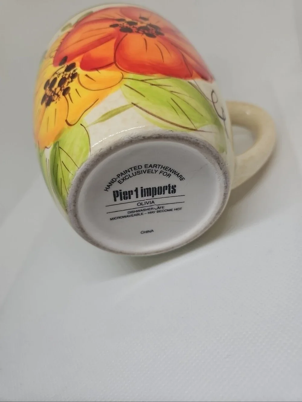 Pier 1 Imports Olivia 16oz Earthenware Hand Painted Poppy Flowers Mug